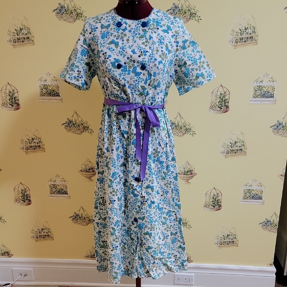 🎀 3/$60 🎀 Vintage Blue and Purple Casual Midi Sundress with Crew Neck